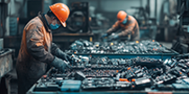 Technicien surveillant une chaîne de recyclage dédiée aux batteries électriques