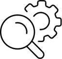 Pictogramme représentant une loupe et un engrenage